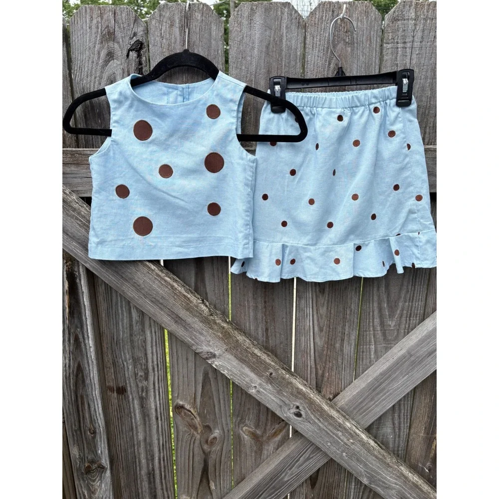 VTG Funtasia Too Girls Blue Brown Polka Dot Linen Skirt Set Size 5 Made‎ in USA